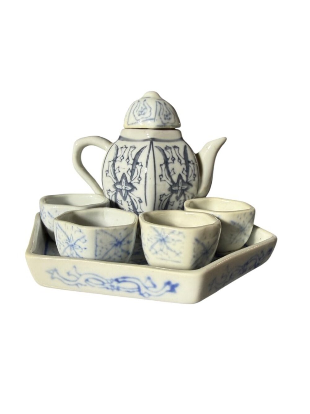 Vintage Miniature Porcelain Tea Set Blue White Teapot 4 Cups Tray 6in